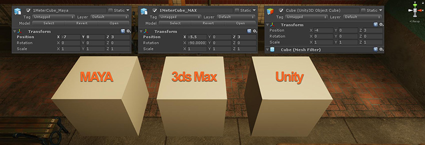 从 Autodesk® Maya® 和 Autodesk® 3ds Max® 导入的立方体与 Unity 中创建的立方体之间进行比例比较